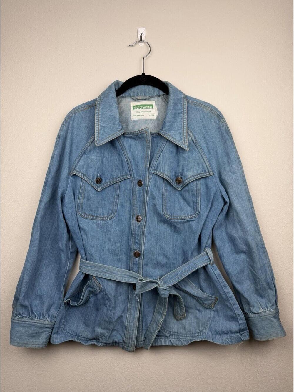 Vintage 70’s Denim Jacket Safari-style Tie Waist Button Front & 4 Pockets